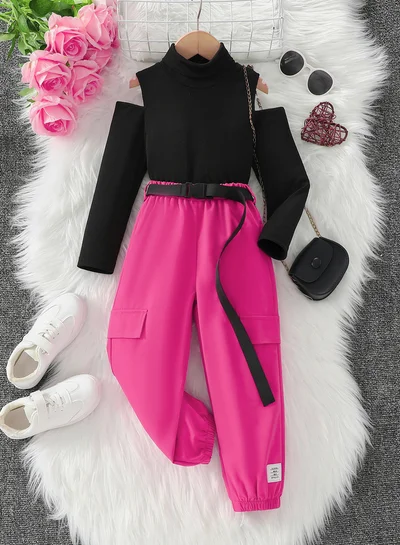 Take Two Take Two Girls Pink Cold Shoulder Top and Belted Joggers Set