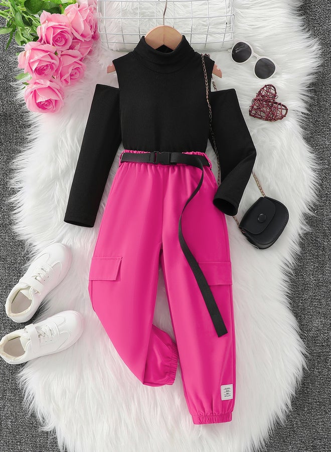 Take Two Girls Pink Cold Shoulder Top and Belted Joggers Set - Image 1