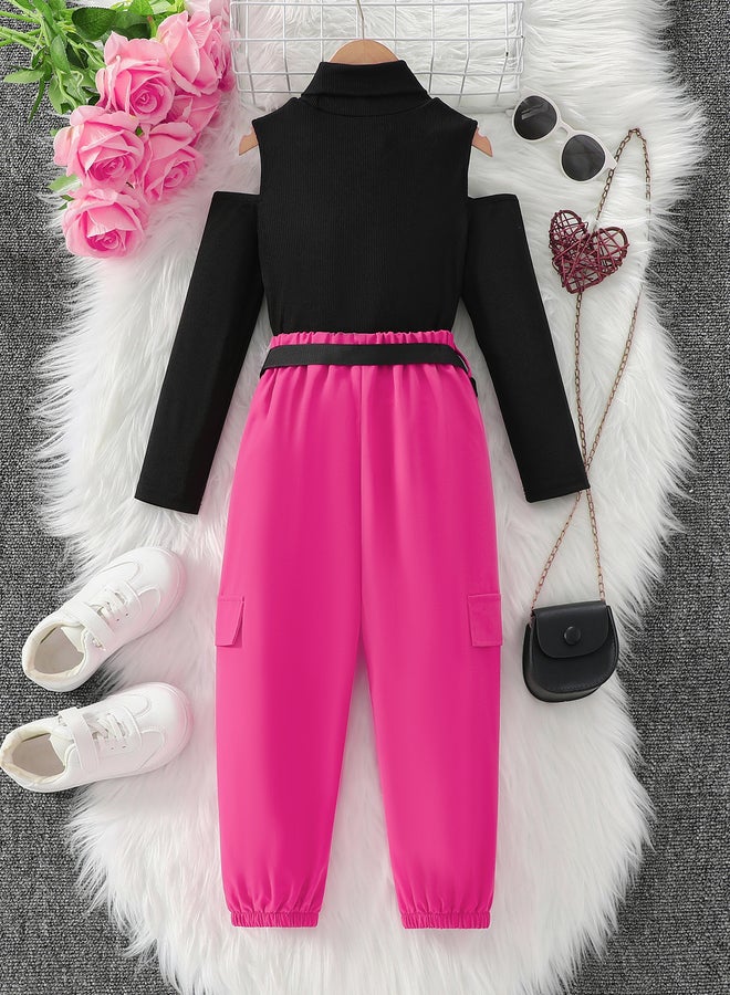Take Two Girls Pink Cold Shoulder Top and Belted Joggers Set - Image 2