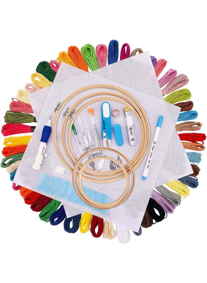 Embroidery Starter Kit, Cross Stitch Threads Punch Needle Embroidery Kit Including Instructions Bamboo Embroidery Hoops, Circular ing Bag and Cross Stitch Tools for Adults and Kids Beginners - Image 1