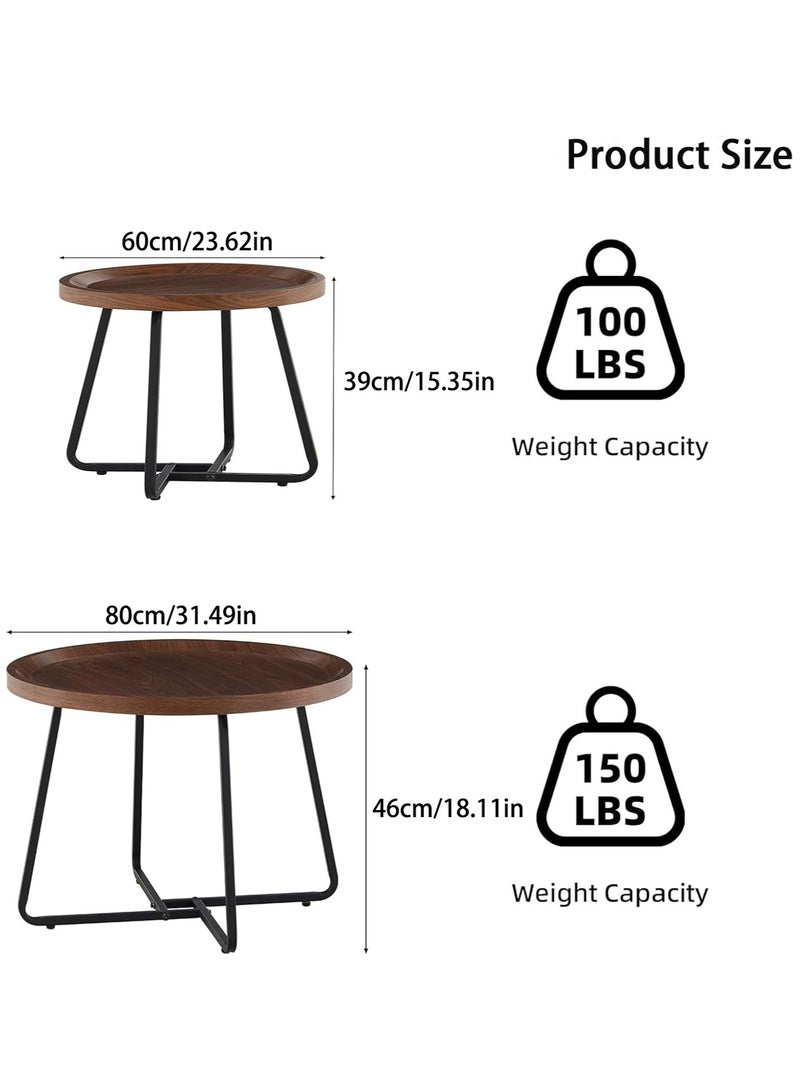 VUCATIN Nesting Coffee Table Set of 2, 80+60cm Round Walnut End Tables with Fluted, Modern Center Table for Living Room Bedroom Office Balcony - Image 2