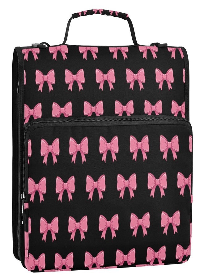 FLildon Elegant Bows Pink Black Zipper Binder 3 D-Ring, Multi-Pockets Binder with Shoulder Strap 600 Sheet Capacity Expanding File Folder - Image 2