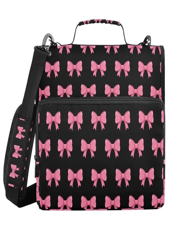 FLildon Elegant Bows Pink Black Zipper Binder 3 D-Ring, Multi-Pockets Binder with Shoulder Strap 600 Sheet Capacity Expanding File Folder - Image 1