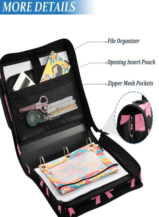 FLildon Elegant Bows Pink Black Zipper Binder 3 D-Ring, Multi-Pockets Binder with Shoulder Strap 600 Sheet Capacity Expanding File Folder - Image 4