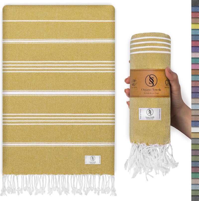 Ossano Turkish Beach Towel Quick Dry & Soft Oversized (39" x 71") - Compact, Versatile and Functional as Yoga Mat, Picnic and Travel Blanket, Cruise and Bath Towels - Mustard - Image 1