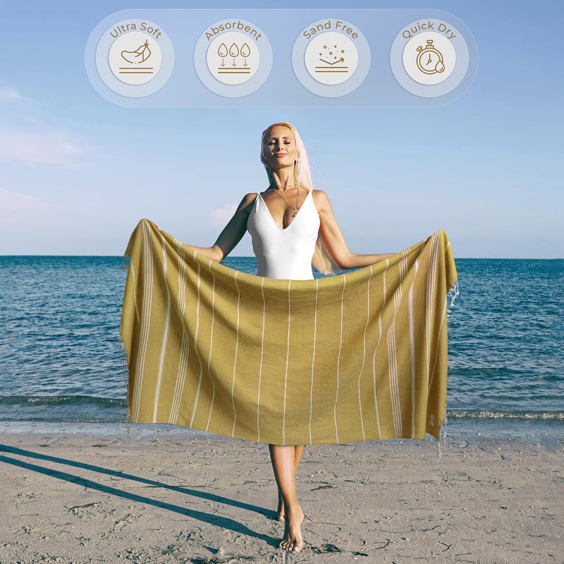 Ossano Turkish Beach Towel Quick Dry & Soft Oversized (39" x 71") - Compact, Versatile and Functional as Yoga Mat, Picnic and Travel Blanket, Cruise and Bath Towels - Mustard - Image 2