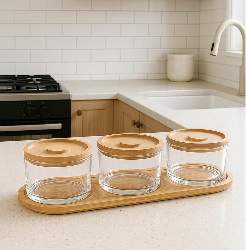 3 Glass Jar Breakfast Set with Bamboo Lids & Wooden Tray – Multipurpose Kitchen Storage & Serving Set