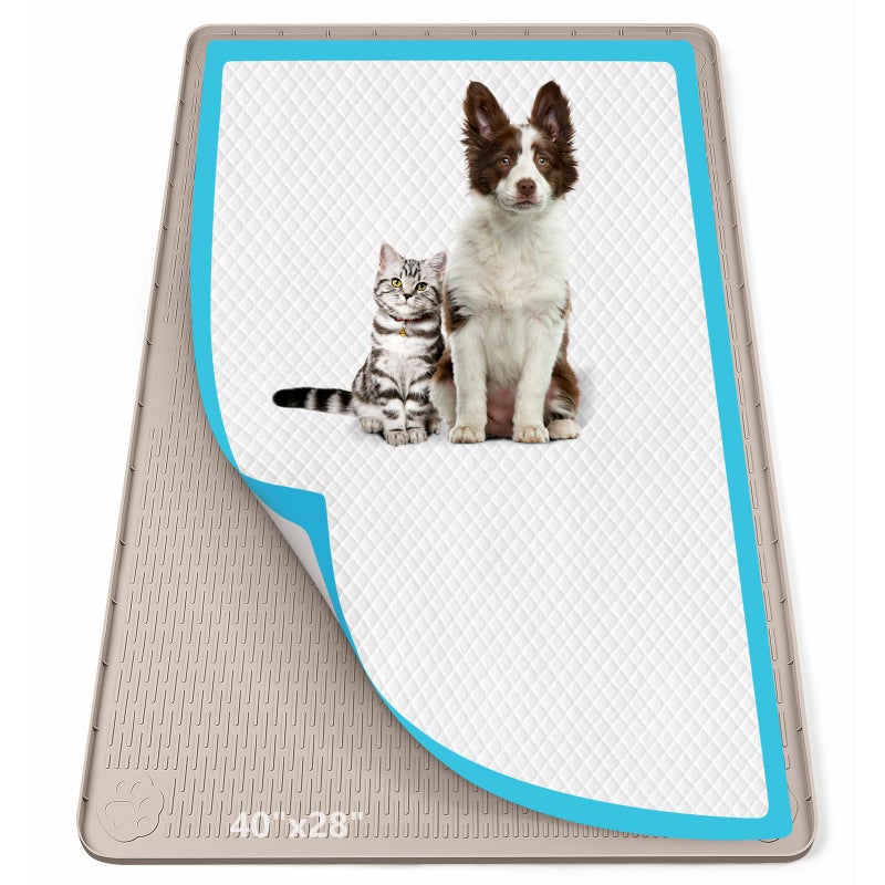 Bartuke Pee Pad Holder for Dogs, 40" x 28" Silicone Pee Tray Mat Leak-Proof, High Edge, No Spill Pet Pad Holder for Puppy, Cat, Rabbit, Dog Training Pads for Home Floor Protection (Khaki) - Image 1