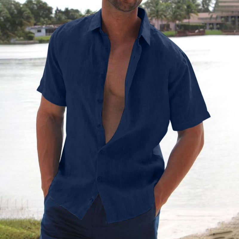 AliExpress Foreign Trade Mens Loose Linen Button Shirt Solid Color Casual Laps Short Sleeve Cardigan Mens Laps Outer Wear Yellow - Image 5