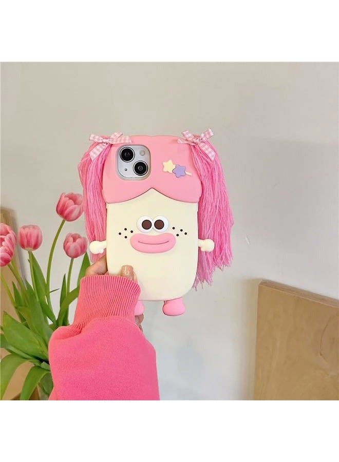 QoKcoahn iPhone 14 Case, Cute 3D Kawaii Phone Cases Funny Braided Sausage Mouth Girl Pink Cartoon Case with Keychain Soft Silicone Gel Drop Protection for Women and Girls - Image 2