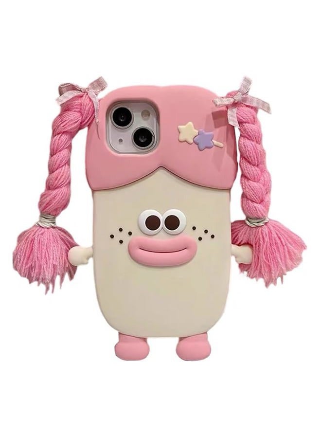 QoKcoahn iPhone 14 Case, Cute 3D Kawaii Phone Cases Funny Braided Sausage Mouth Girl Pink Cartoon Case with Keychain Soft Silicone Gel Drop Protection for Women and Girls - Image 1