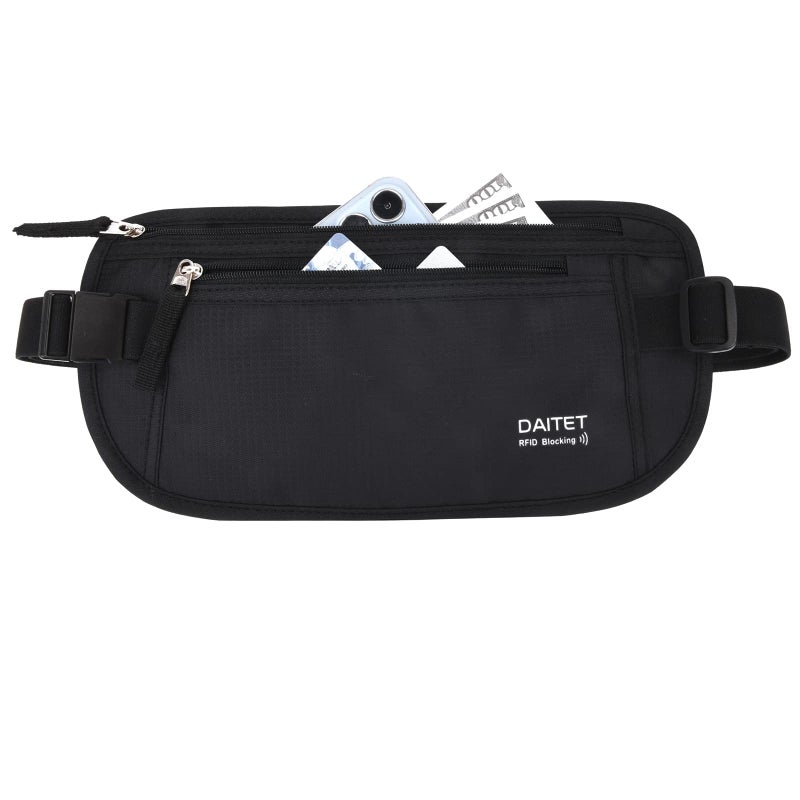 DAITET DAITET Money Belt - Passport Holder Secure Hidden Travel Wallet with RFID Blocking, Undercover Fanny Pack (Black)  - Image 1