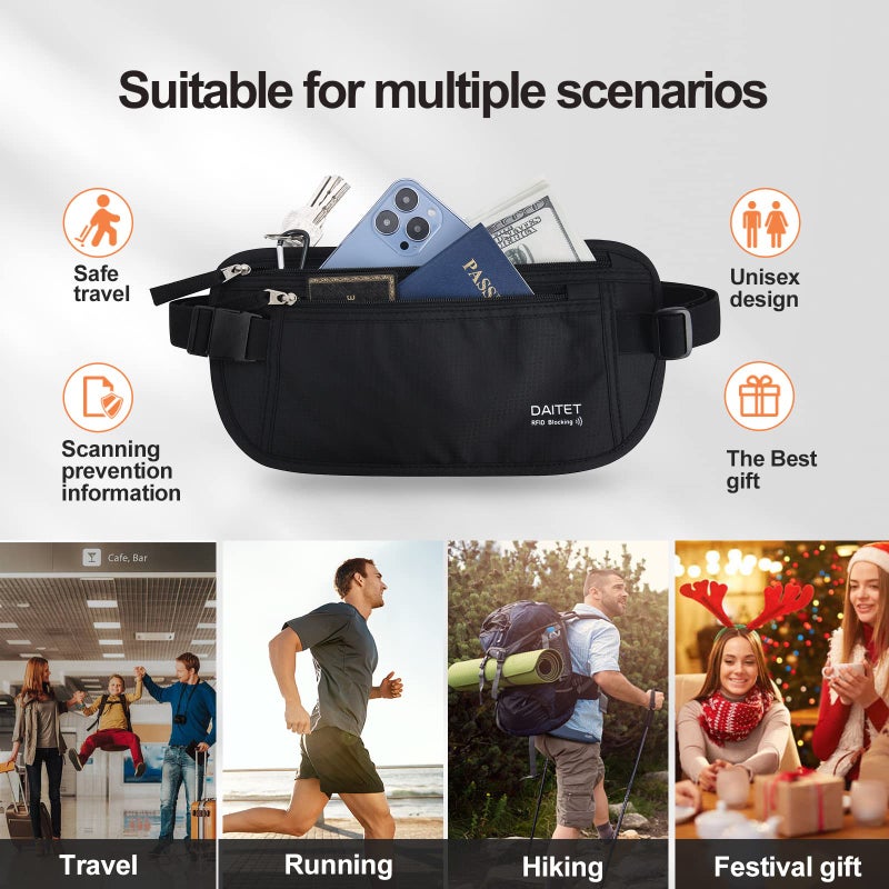 DAITET DAITET Money Belt - Passport Holder Secure Hidden Travel Wallet with RFID Blocking, Undercover Fanny Pack (Black)  - Image 5