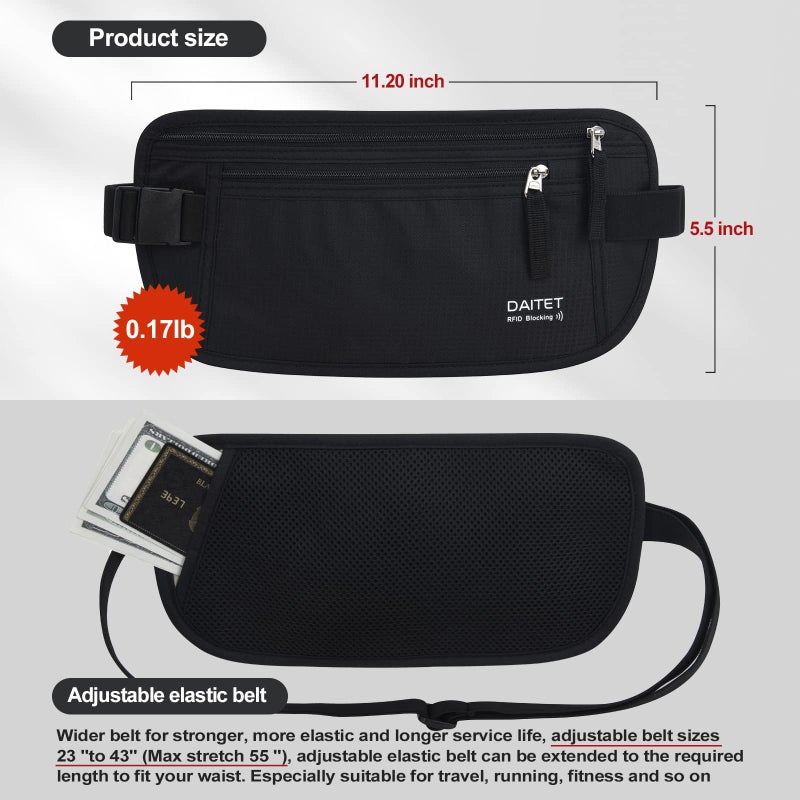DAITET DAITET Money Belt - Passport Holder Secure Hidden Travel Wallet with RFID Blocking, Undercover Fanny Pack (Black)  - Image 4