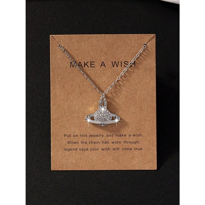 1pc Full Rhinestone Geometric Charm Planet  Necklace - Image 2