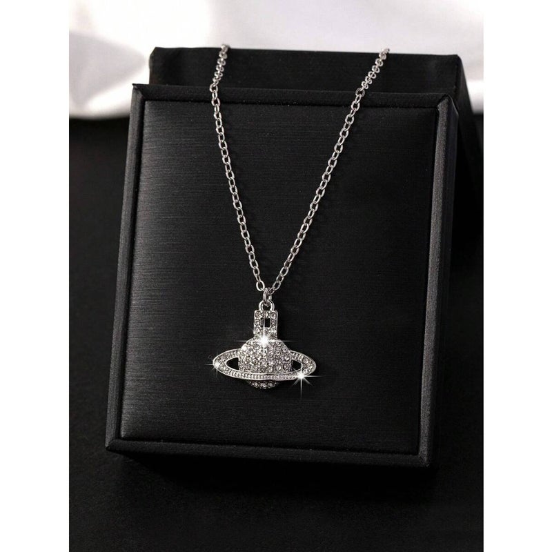1pc Full Rhinestone Geometric Charm Planet  Necklace - Image 1