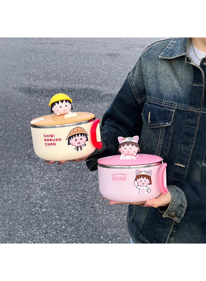 304 Stainless Steel Instant Noodle Bowl Cherry Maruko Student Dormitory Large Round Instant Noodle Cup With Lid Portable Lunch Box-Specifications:Yellow Balls  - Image 2