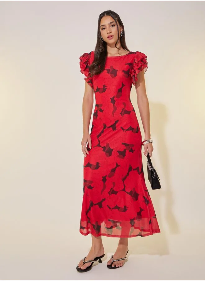 ستايلي Floral Print Ruffled Sleeves A-Line Maxi Dress