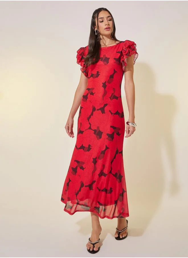 ستايلي Floral Print Ruffled Sleeves A-Line Maxi Dress