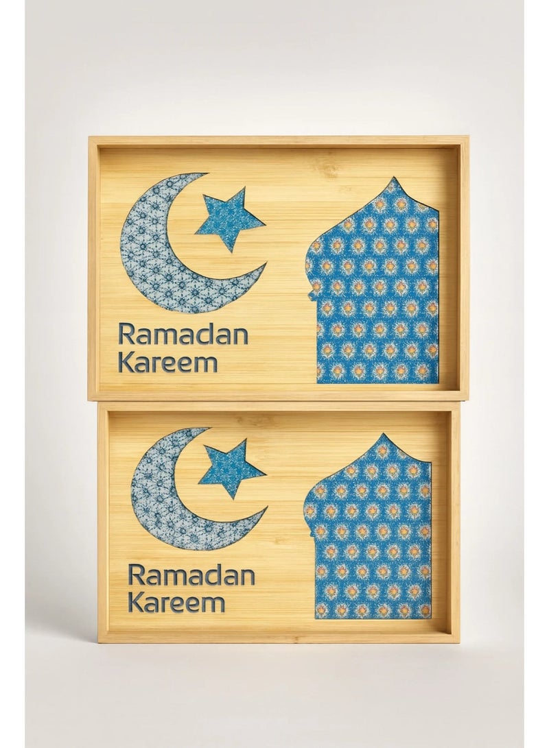 طقم صواني تقديم خشب الخيزران مع قاعدة زجاج نمط إسلامي رمضان كريم مجموعة من قطعتين حجم مناسب - Image 1