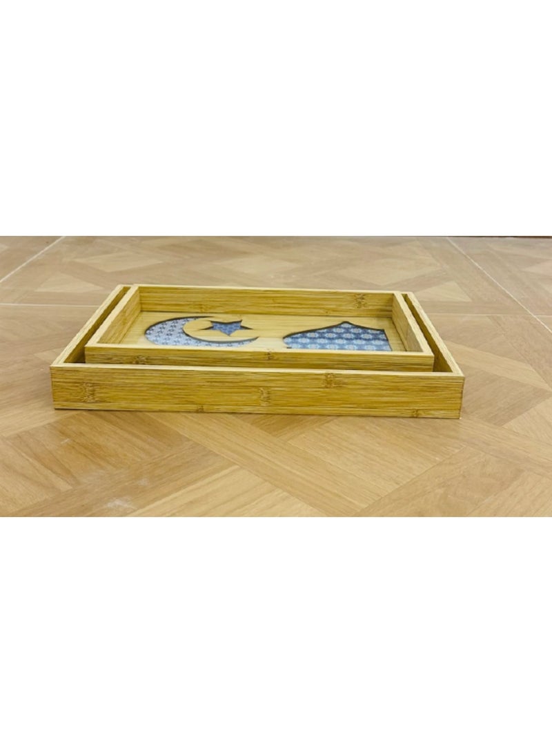 طقم صواني تقديم خشب الخيزران مع قاعدة زجاج نمط إسلامي رمضان كريم مجموعة من قطعتين حجم مناسب - Image 2