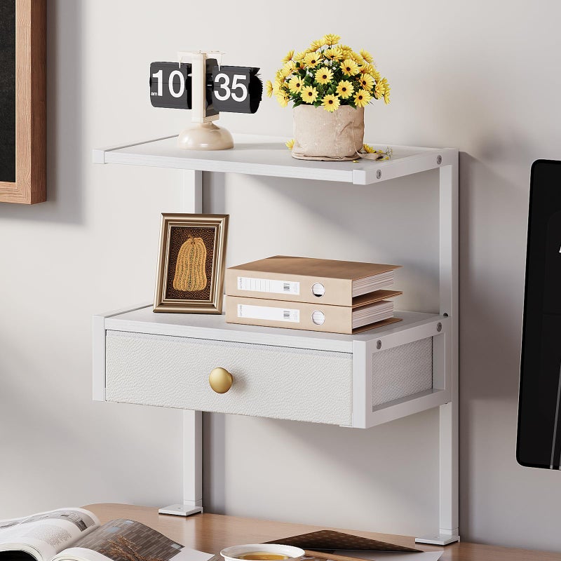 VENNQD Clamp On Desk Shelf, 2-Tier Desktop Organizer, Wood Desktop Supplies Tabletop Book Storage Rack with Adjustable Shelves for Table Working and Gaming Accessories, White - Image 1