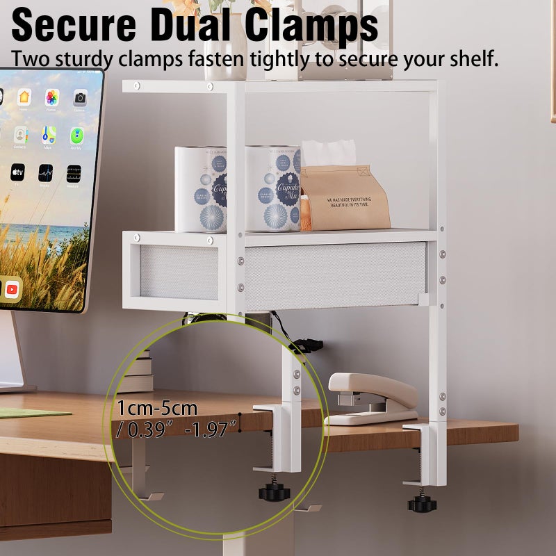 VENNQD Clamp On Desk Shelf, 2-Tier Desktop Organizer, Wood Desktop Supplies Tabletop Book Storage Rack with Adjustable Shelves for Table Working and Gaming Accessories, White - Image 5
