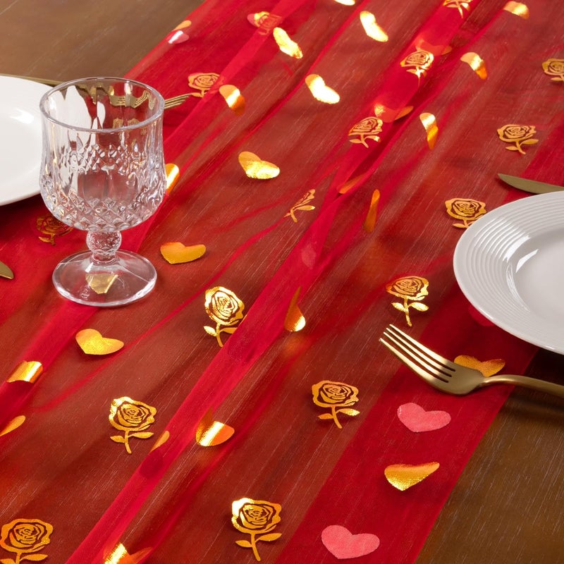 Socomi Valentine's Day Rose & Heart Table Runner Gold Gauze Sheer Romantic Sequin 10FT Glitter Metallic Foil Dining Wedding Birthday Party Baby Shower Holiday Centerpiece Table Decor Red - Image 4
