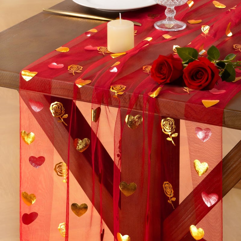 Socomi Valentine's Day Rose & Heart Table Runner Gold Gauze Sheer Romantic Sequin 10FT Glitter Metallic Foil Dining Wedding Birthday Party Baby Shower Holiday Centerpiece Table Decor Red - Image 1