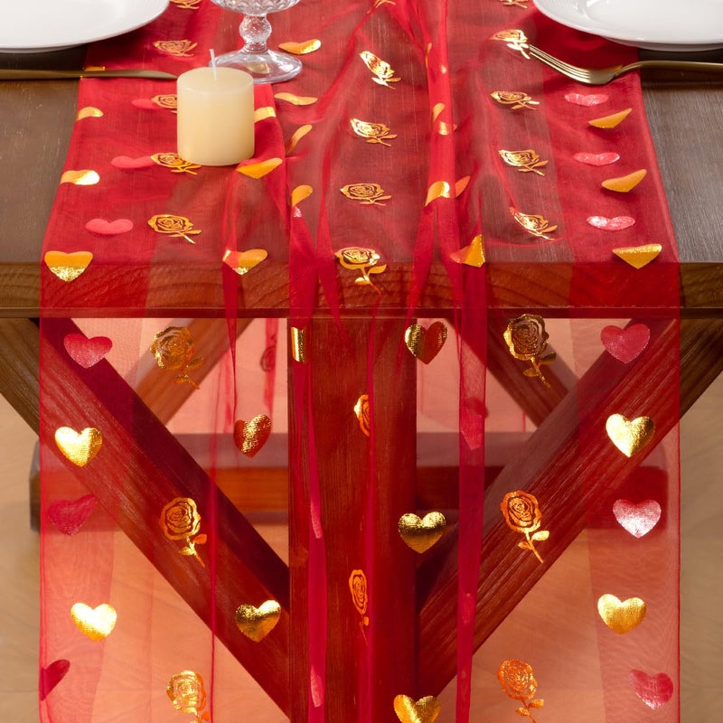 Socomi Valentine's Day Rose & Heart Table Runner Gold Gauze Sheer Romantic Sequin 10FT Glitter Metallic Foil Dining Wedding Birthday Party Baby Shower Holiday Centerpiece Table Decor Red - Image 2