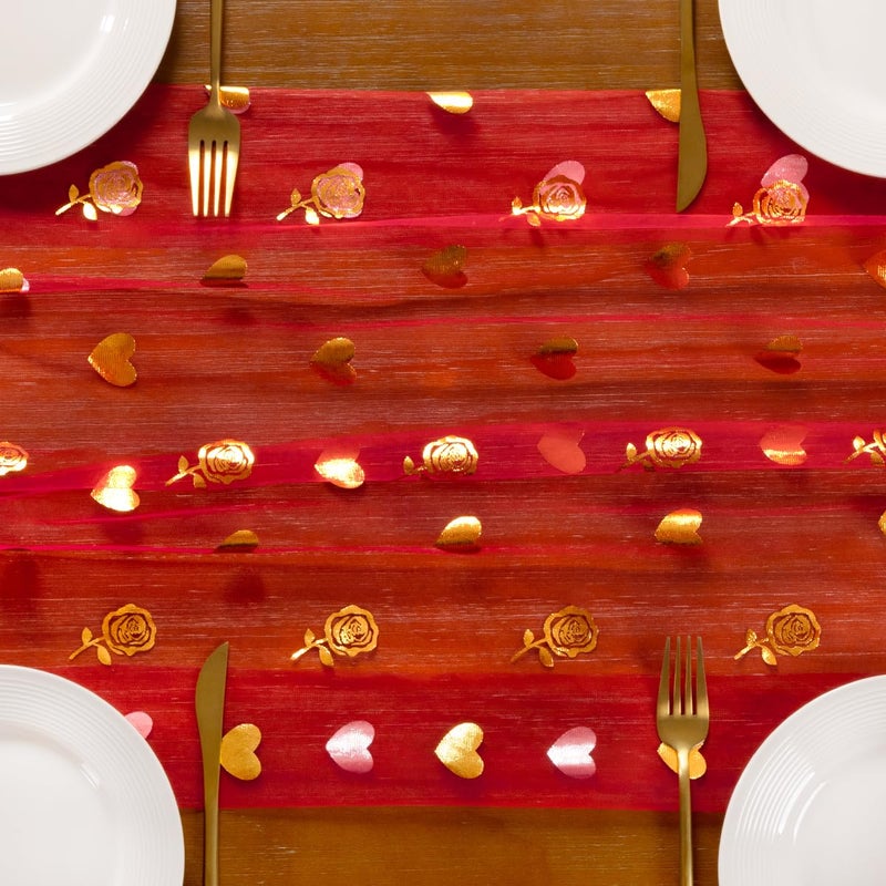 Socomi Valentine's Day Rose & Heart Table Runner Gold Gauze Sheer Romantic Sequin 10FT Glitter Metallic Foil Dining Wedding Birthday Party Baby Shower Holiday Centerpiece Table Decor Red - Image 5