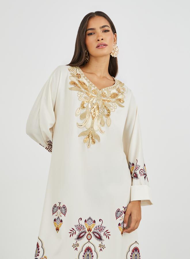 Amirah Placement Print Lace Detail Jalabiya - Image 3