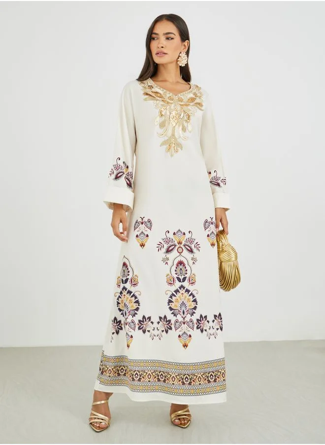 أميرة Amirah Placement Print Lace Detail Jalabiya