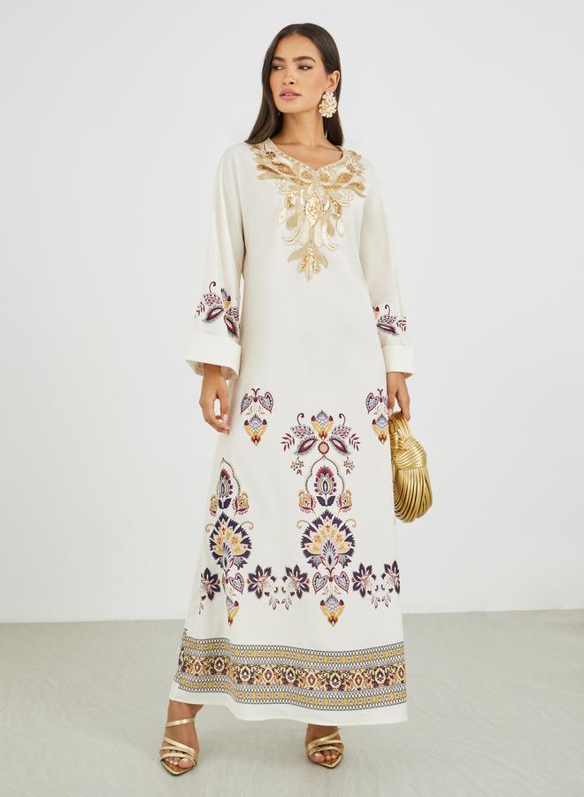 Amirah Placement Print Lace Detail Jalabiya - Image 2