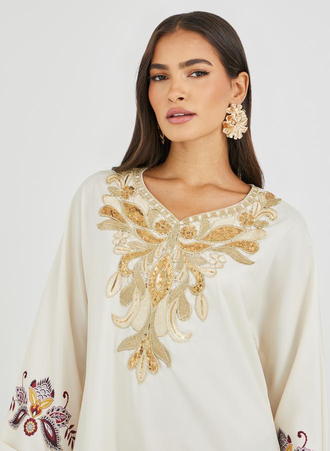 Amirah Placement Print Lace Detail Jalabiya - Image 4