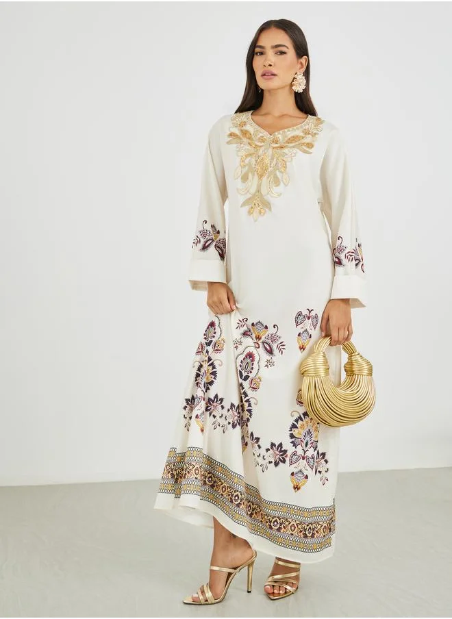 أميرة Amirah Placement Print Lace Detail Jalabiya