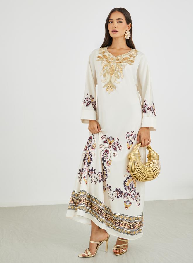 Amirah Placement Print Lace Detail Jalabiya - Image 1
