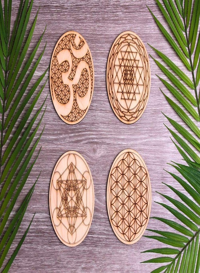 Fourth Level Manufacturing Sacred Geometry Coasters, One Set of Four Includes: 1 Metatrons Cube, 1 Sacred Om, 1 Sri Yantra, 1 Flower of Life, Drinks, Table Decorations for Hot and Cold Beverages, Protect Furniture - Image 1