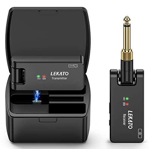 LEKATO نظام جيتار لاسلكي LEKATO مع علبة شحن، جهاز إرسال واستقبال لاسلكي قابل لإعادة الشحن بتردد 2.4GHz، نظام لاسلكي للجيتار 4 قنوات مع موصلات مزدوجة 3.5mm/6.35mm (WS-100) - Image 1