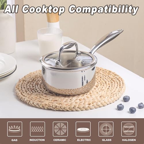 KC-Emier 1-Quart Saucepan with Lid, Tri-Ply Stainless Steel Pot with Stay-Cool Handle & All Cooktop Compatibility (Gas, Ceramic, Electric) - Silver - Image 3