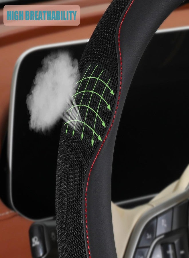 Binsheo Nappa Leather Black D Shape Steering Wheel Cover, Advanced Microfiber Leather Non-Slip Breathable Fabric, Warm in Winter and Cool in Summer, Universal 15 inch - Image 3