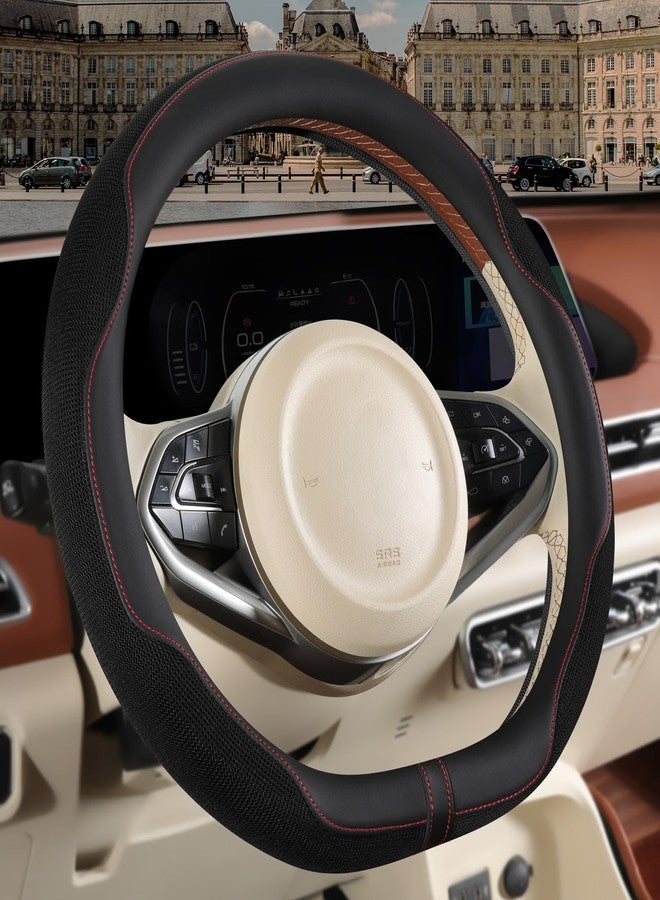 Binsheo Nappa Leather Black D Shape Steering Wheel Cover, Advanced Microfiber Leather Non-Slip Breathable Fabric, Warm in Winter and Cool in Summer, Universal 15 inch - Image 2