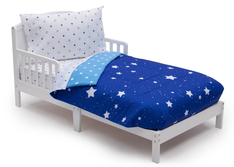 Delta CHILDREN Delta Children 4 Piece Toddler Bedding Set for Boys Reversible 2in1 Comforter Includes Fitted Comforter to Keep Little Ones Snug Bottom Sheet Top Sheet Pillow Case Blue Stars
