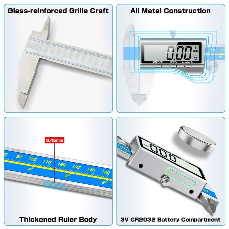 Qfun Caliper Measuring Tool Digital Caliper Industrial Quality Precision Electronic Vernier Caliper Inch/Millimeter Measurement Micrometer for Jewelry - Accuracy Ip54 Waterproof Caliper Measure Tool - Image 2