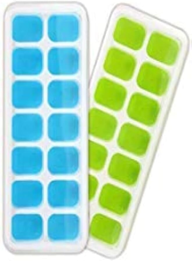 Ice Cube Trays Easy-Release Silicone and Flexible 2 pack 28 Ice Trays with Spill-Resistant Removable Lid for Chill Drinks Whiskey Cocktail (2, Blue and Green)