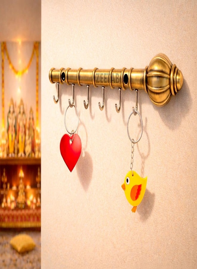 Zeetab Lord Hanuman Gada Key Holder | Bajrangbali Key Stand & Antique Brass Metal 6 Hook Wall Mount Hanger | Home Decor Gift (22x5cm) - Image 1