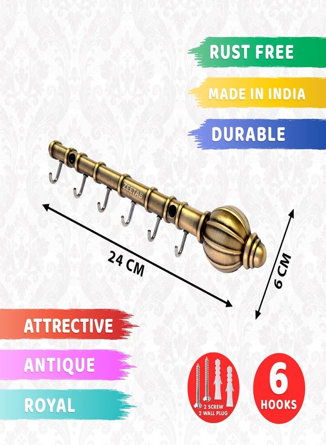 Zeetab Lord Hanuman Gada Key Holder | Bajrangbali Key Stand & Antique Brass Metal 6 Hook Wall Mount Hanger | Home Decor Gift (22x5cm) - Image 2