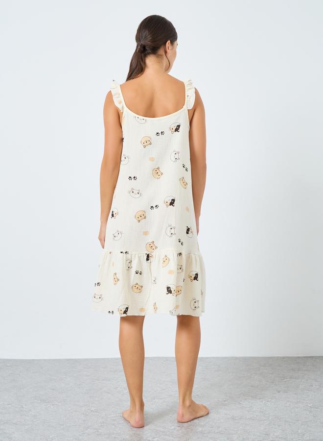 Styli Cotton Gauze Cat Print Ruffled Slip Dress - Image 4