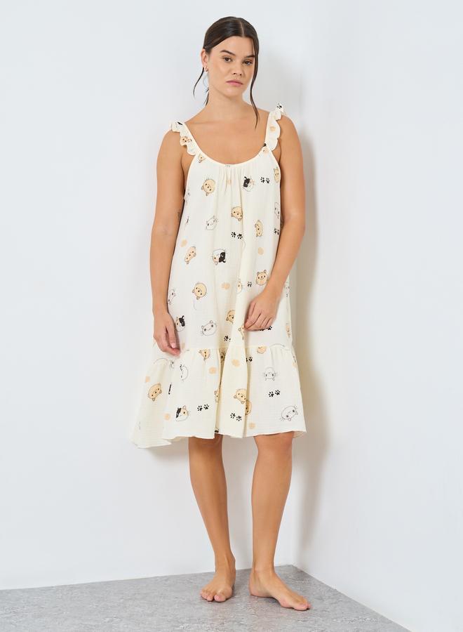 Styli Cotton Gauze Cat Print Ruffled Slip Dress - Image 1