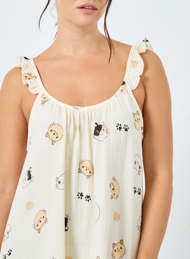 Styli Cotton Gauze Cat Print Ruffled Slip Dress - Image 3